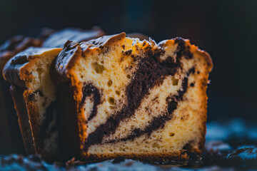 Middle shot of Marble cake  food Photography low angle Cine ,chocolate cake with nuts