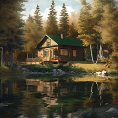Obraz premium Abstract landscape of a mysterious house in the forest. Generative AI.
