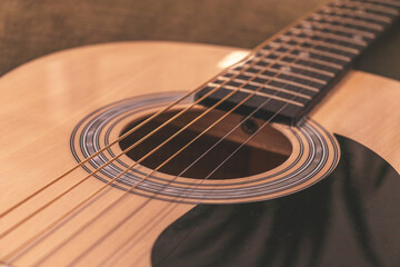 Close-up of a classic guitar. Copy space.