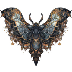 Dark Victorian fantasy Moth, Decorative butterfly with a lace isolated with a transparent background, intricate gray and gold wings design created with Generative AI.