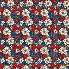 Fototapeta na wymiar American Patriotic Colors Seamless Floral Pattern