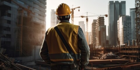 Engineer in a construction uniform on the background. Generative Ai