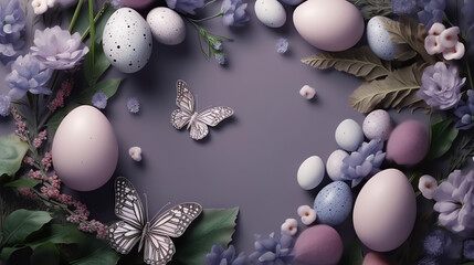 Fototapeta na wymiar Blank free space in the middle surrounded by easter color purple butterfly grey background, AI Generated Art.