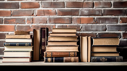 Many books on the table against the background of an old brick wall