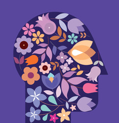 Human head shape design includes many different flowers. Flat style abstract vector illustration.