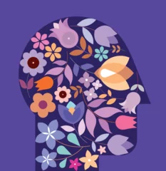 Gordijnen Human head shape design includes many different flowers. Flat style abstract vector illustration. ©  danjazzia