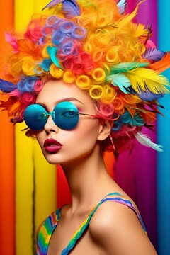 Illustration of a stylish woman in a colourful dress and sunglasses, whimsical colourful hair, created with generative AI created with Generative AI technology