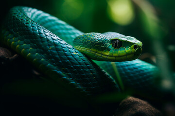 Obraz premium Green big snake close up in nature. Green tree python. Generative AI