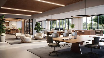 Fototapeta premium A contemporary office space with a mix of open areas and private zones, featuring sleek furniture and an emphasis on work-life balance