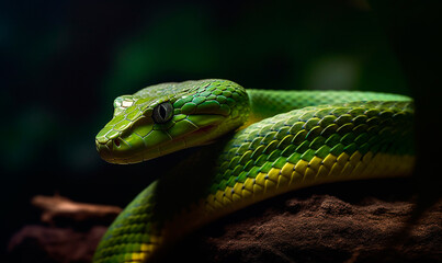 Green big snake close up in nature. Green tree python. Generative AI