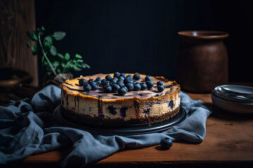 Fototapeta na wymiar blueberry cheesecake,Middle shot of vanilla blueberry cheesecake food Photograph ,cake with berries
