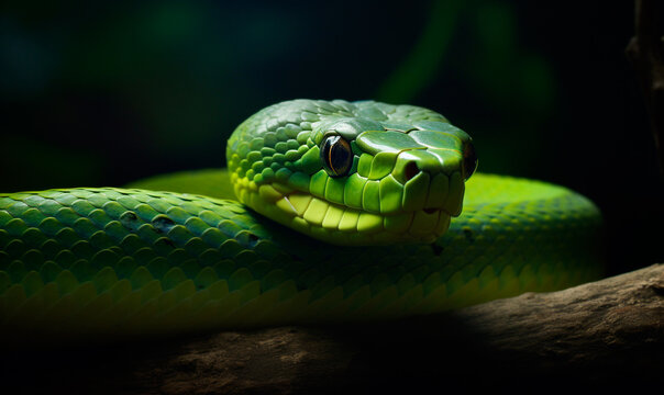 Green big snake close up in nature. Green tree python. Generative AI
