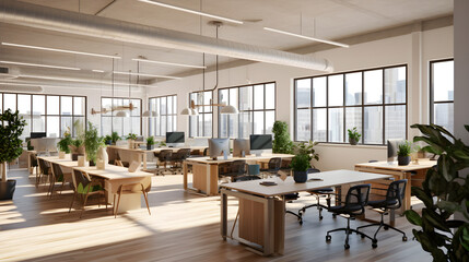 A modern open-plan office with abundant natural light, minimalist decor, and collaborative workstations alternate