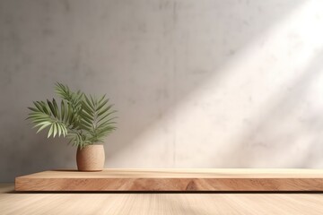 wooden plank with plant for product display with tropical background, generative ai