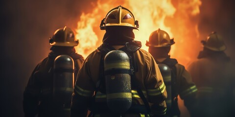 Group of firefighters fighting a fire. Generative Ai