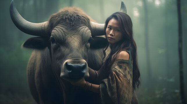Beautiful Asian woman with traditional clothes hugging, caring a bull, buffalo, cow, sunset forest landscape, freedom. exotic, surreal, Mongolia, luxury, ethnic., mystic, copy space, AI Generated.