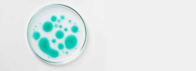 Petri dish on a light background. Green drops, bacteria. or viruses. Mold. Laboratory,...