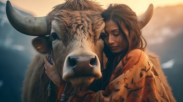 Beautiful Asian woman with traditional clothes hugging, caring a bull, buffalo, cow, sunset forest landscape, freedom. exotic, surreal, Mongolia, luxury, ethnic., mystic, copy space, AI Generated.