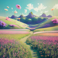 Fairy dream field nature flowers,bright fantasy illustration,Generative AI