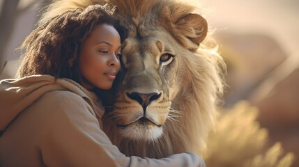 Beautiful African American woman hugging, caring a lion, sunset mountain landscape, freedom. exotic, surreal, wild, cold, ethnic., desert, mystic, copy space, AI Generated.
