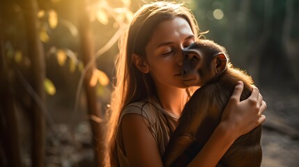 Handsome volunteer woman worker holding a little rescued monkey, hugging, caring, sunset jungle forest landscape, freedom, exotic, south America, wildlife preservation, help, protecting, AI Generated.