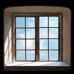 raditional wooden window frame seen from inside, bright blue sky outside.