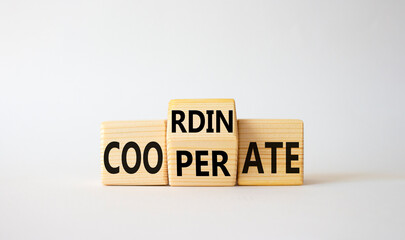 Cooperate and Coordinate symbol. Wooden cubes with words Cooperate and Coordinate. Beautiful white background. Business concept. Copy space