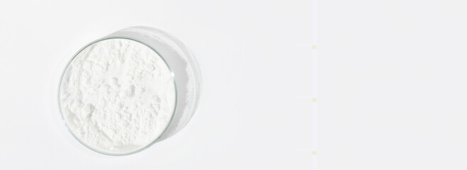 White powder in a Petri dish. Cocaine, cannabinoid, medicinal powder, antibiotic. lab, research.
