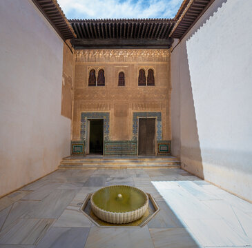 Gilded Room Courtyard (Patio del Cuarto Dorado) and Comares Palace Facade at Nasrid Palaces of Alhambra at night - Granada, Andalusia, Spain