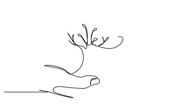 Single continuous line of hands holding tree leaf. Plant leaves grow planet Earth seedling eco natural concept design sketch drawing vector illustration art
