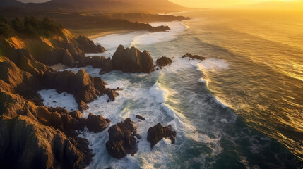 Obraz premium Twilight's Embrace: Aerial Serenade of a Rocky, Rugged Coastline at Sunset. Generative AI