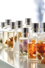 bottles and flacons with perfume essences and oils, the concept of making spirit of perfume products, photo taken wide open, with partial out of focus in the foreground, AI generation