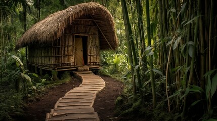 Fototapeta na wymiar house mado of bamboo in the jungle
