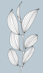 Black and white large branch with leaves on a pale blue background. Tropical background for coloring books, decor, postcards, wallpapers and presentations