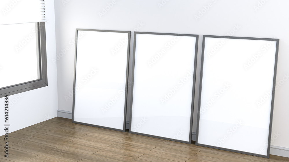 Aufkleber Three empty frames lean against a wall in a minimalist room, featuring wooden flooring and a window, creating a modern and airy atmosphere.. 3D rendering