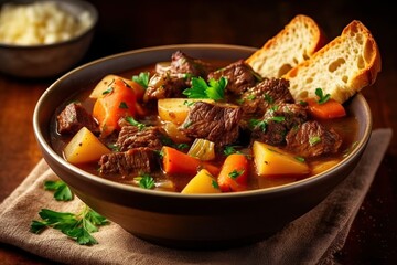 Beef Stew Served with Freshly Baked Crusty Bread - Comfort Food, Hearty Meal