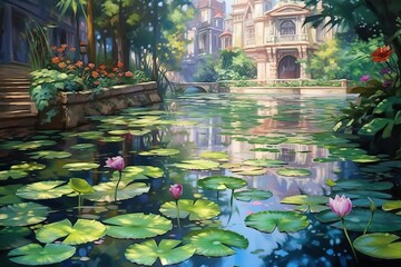 Lotus, lily pond with reflection in pond (Ai generated)