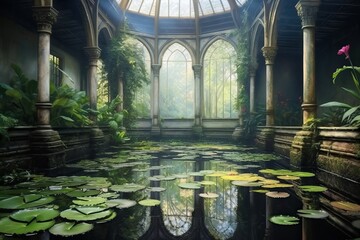 Lotus, lily pond with reflection in pond (Ai generated)