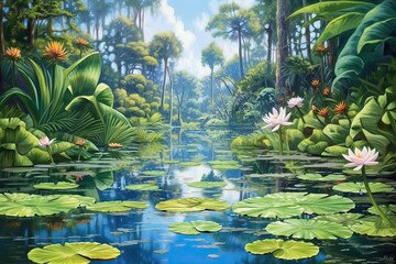 Fototapeta premium Lotus, lily pond with reflection in pond (Ai generated)