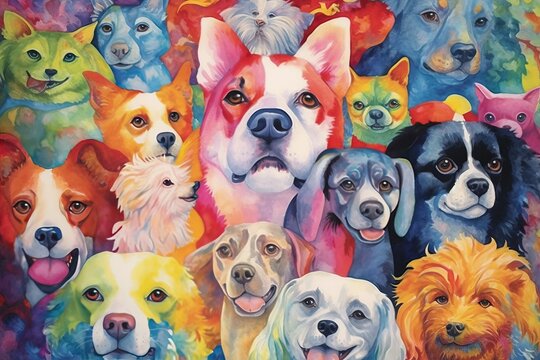 Dog art, playful watercolor painting of pets (Ai generated)
