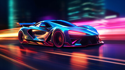 Obraz na płótnie Canvas Futuristic Sports Car On Neon Highway. Powerful acceleration of a supercar with colorful lights trails. ai generative
