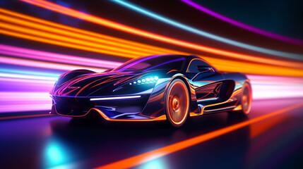 Plakat Futuristic Sports Car On Neon Highway. Powerful acceleration of a supercar with colorful lights trails. ai generative