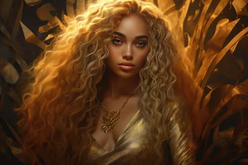 Gold hair or goldilocks. Portrait of an african american  or mixed race woman with blonde hair or golden hair, black blondes, fictional person created with generative AI  © Wizzi