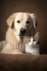 A Golden retriever and a cat, studio shoot with brown background