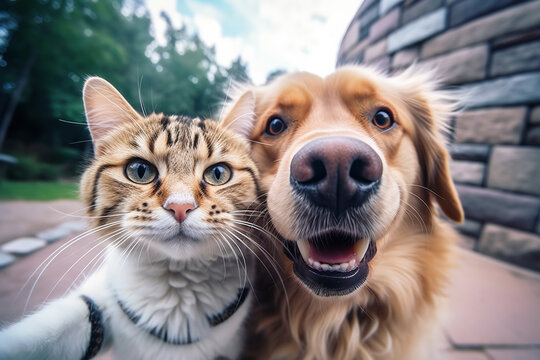 Cat and dog best friends taking a selfie shot. Generative AI illustration