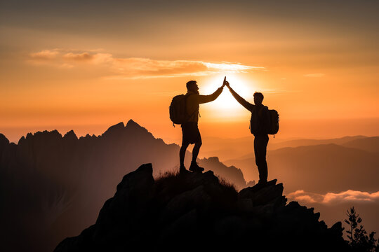 Side view of a silhouette of male friends giving high five on a mountain peak. concept of teamwork and road to success. ai generative
