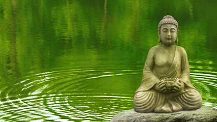 buddha statue on a rock in a green forest lake with soft water wave circle, fresh green nature...