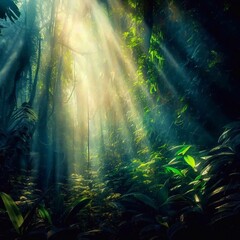sunlight filters through of a lush, tropical rainforest