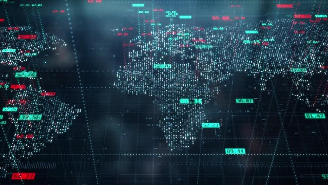 Forex trade with digital world map. Financial trading prices. Global finance exchange index concept. Cryptocurrency or stock market chart and data. Bitcoin BTC and ethereum ETH background