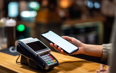 Close-up of a woman's hands buying goods from her smartphone via a network adapter in a cafe, grocery store or supermarket.Generative AI.